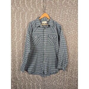 Vintage Eagle Crest Pearl‎ Snap Western Long Sleeve Flannel Blue Green Plaid 2XL